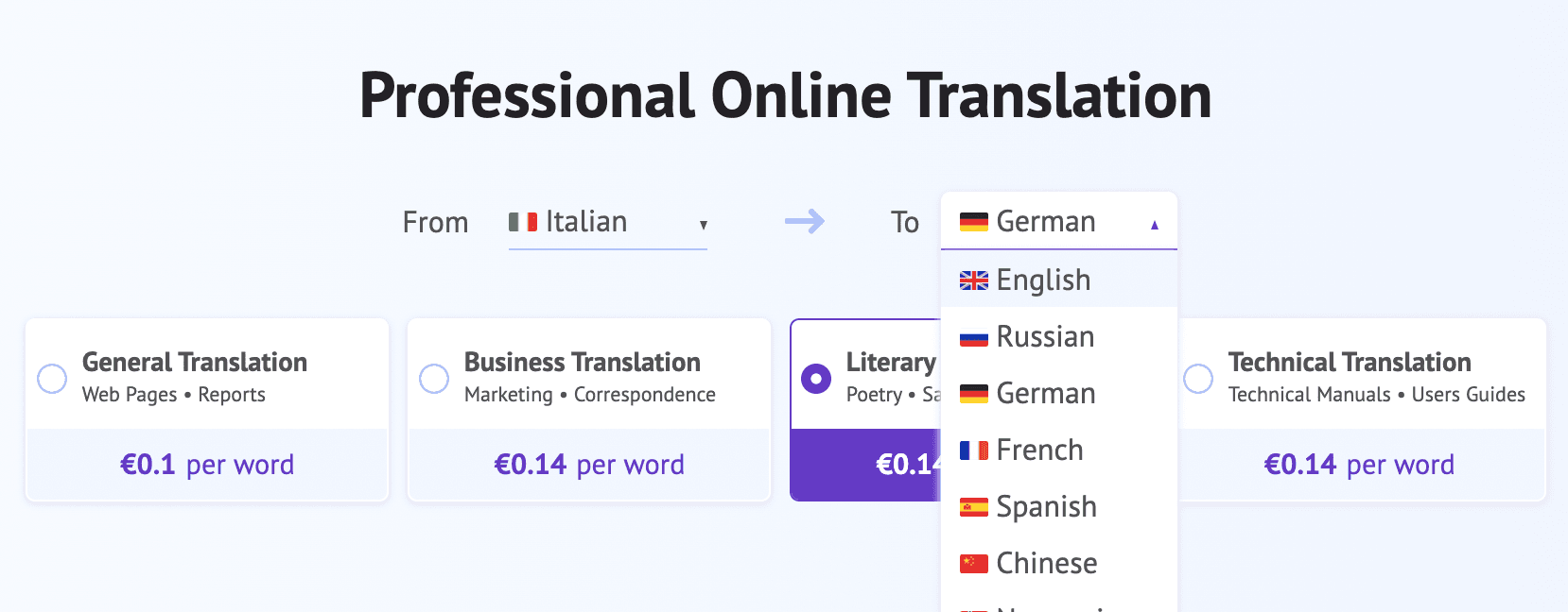 Image showing the process of choosing a language and type of translation